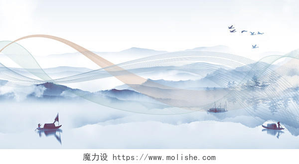 中国风水墨山水风景远山青山抽象写意山水古风抽象线墨山水背景